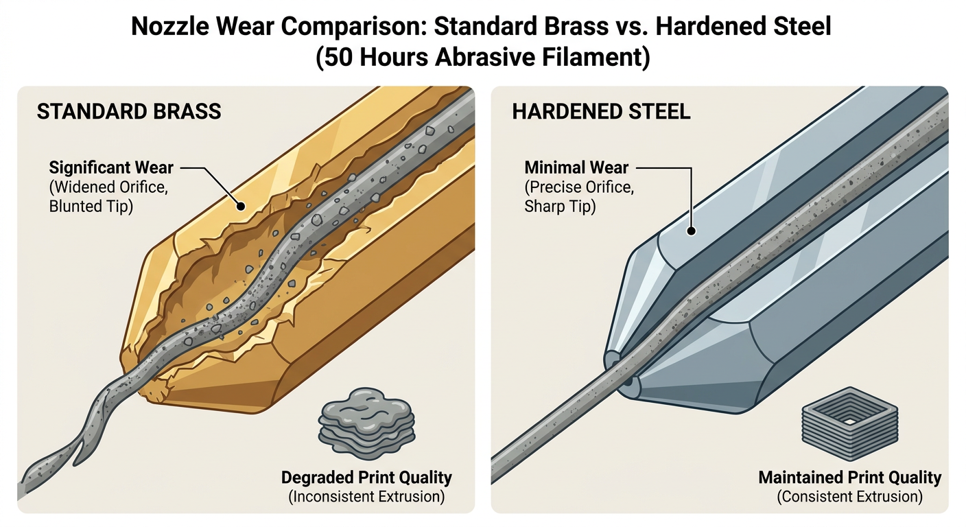 Comparison of standard brass vs. hardened steel nozzle wear patterns after 50 hours of abrasive filament use