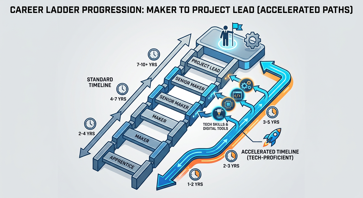 Career ladder progression from Apprentice to Project Lead, showing accelerated timelines for tech-proficient workers