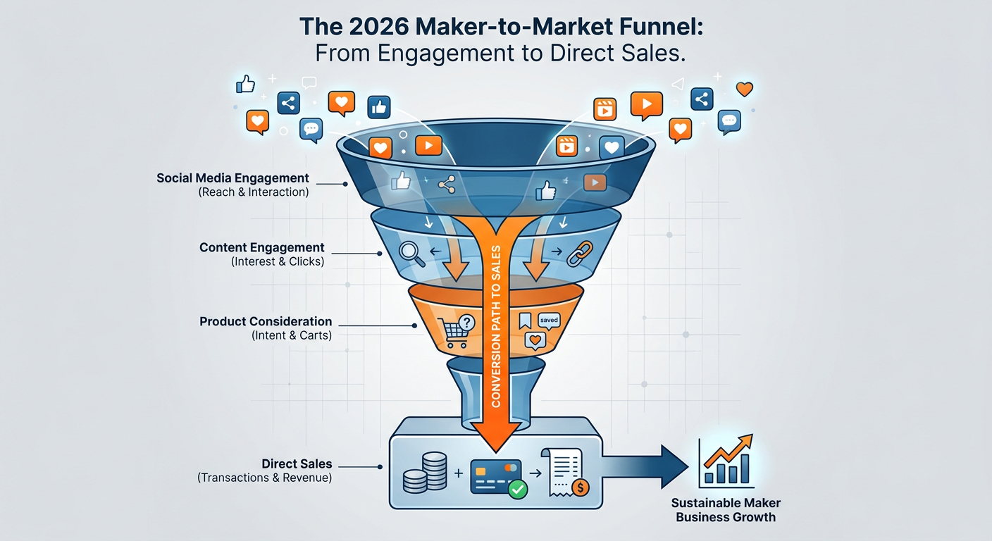 The 2026 Maker-to-Market funnel showing social media engagement converting to direct sales