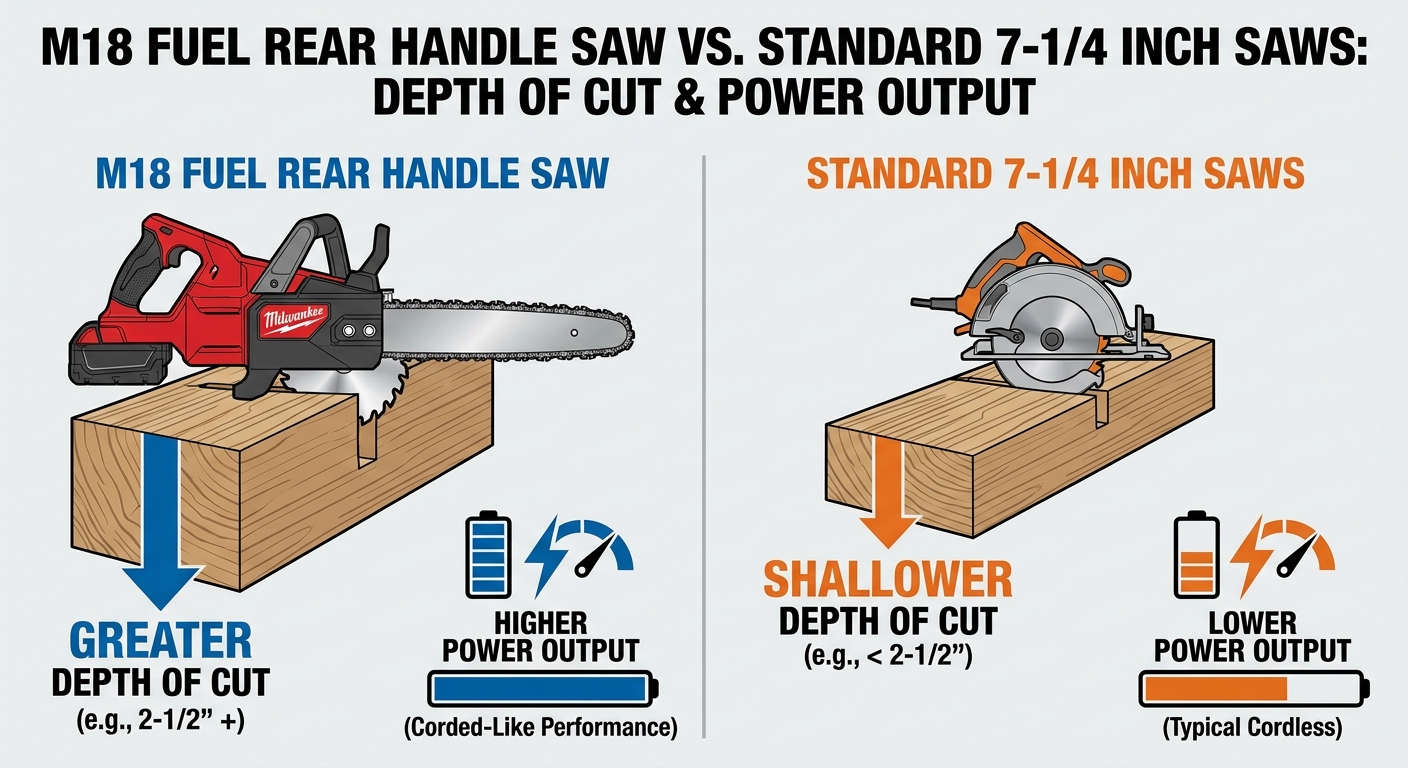 Comparison chart of M18 Fuel Rear Handle Saw vs. Standard 7-1/4 inch saws highlighting depth of cut and power output