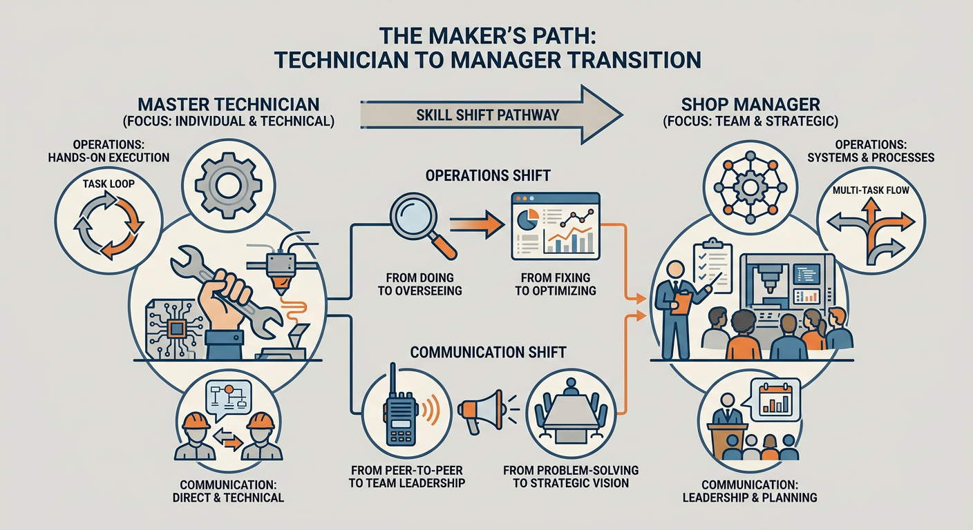 The transition path from Master Technician to Shop Manager showing required skill shifts