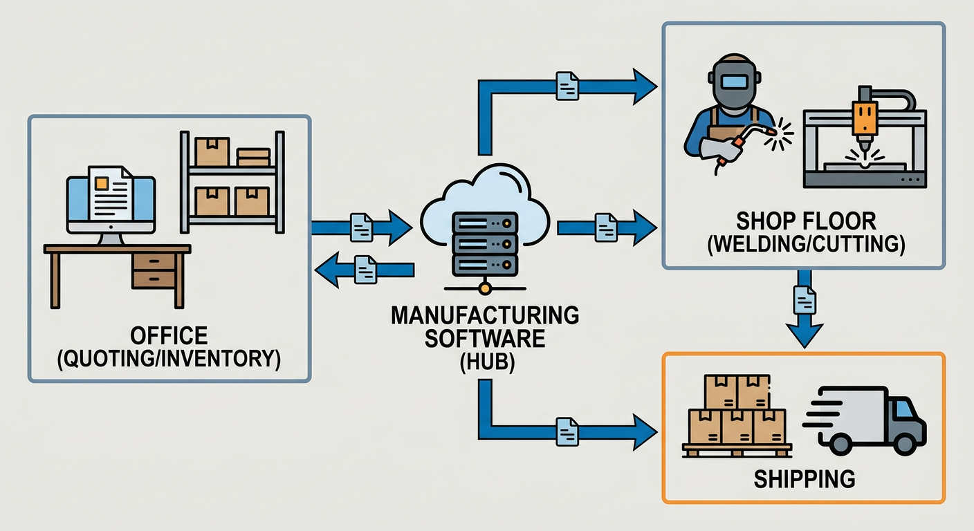 A flowchart showing how Manufacturing Software connects the Office (Quoting/Inventory) to the Shop Floor (Welding/Cutting) to Shipping
