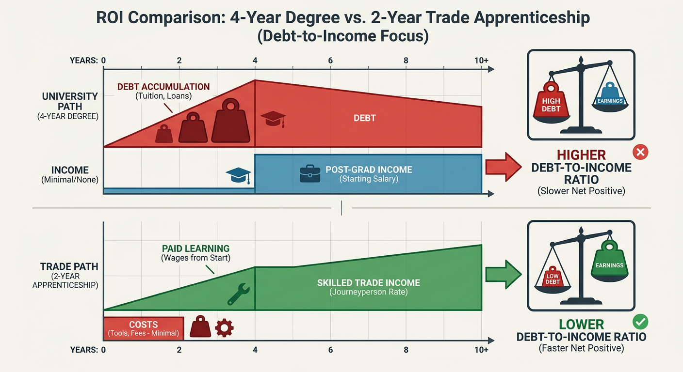 A comparison chart showing the ROI of a 4-year degree vs. a 2-year Trade Apprenticeship, focusing on debt-to-income ratios