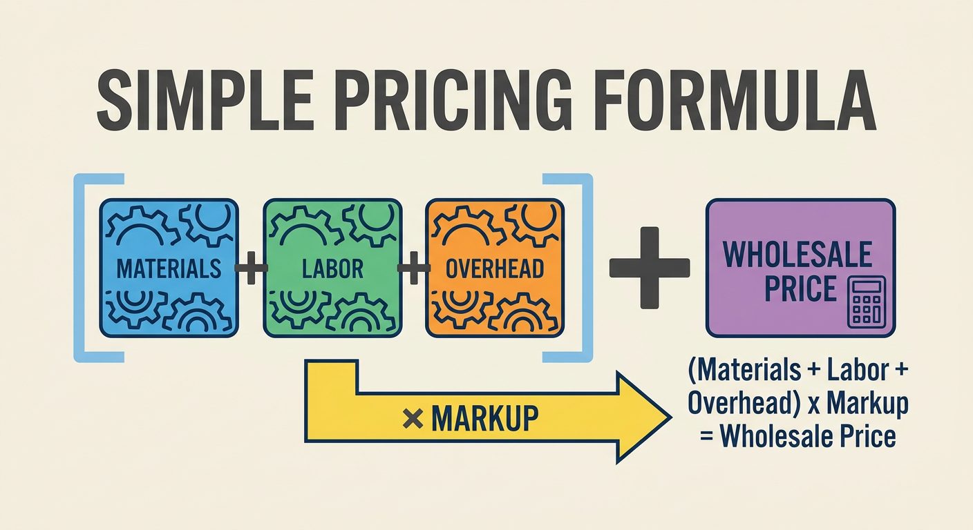 A simple pricing formula for handmade goods: (Materials + Labor + Overhead) x Markup = Wholesale Price
