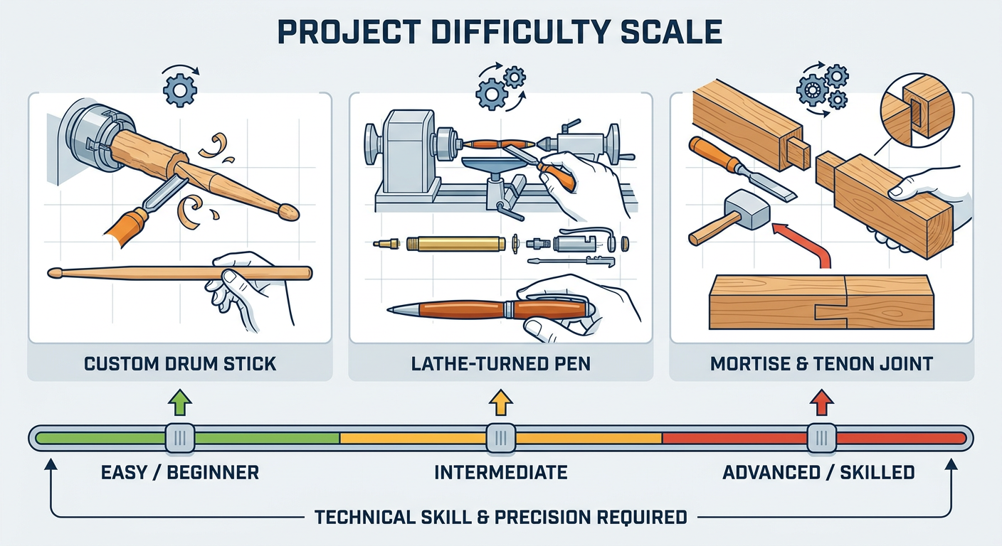 A project difficulty scale comparing a Lathe-Turned Pen, a Custom Drum Stick, and a Mortise and Tenon Joint