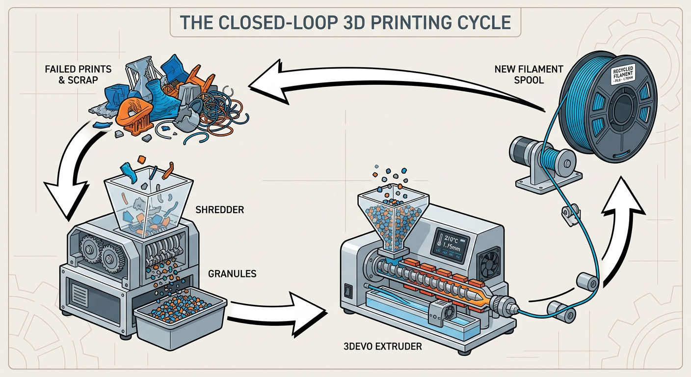 The closed-loop 3D printing cycle: from failed print to shredder to extruder to new spool