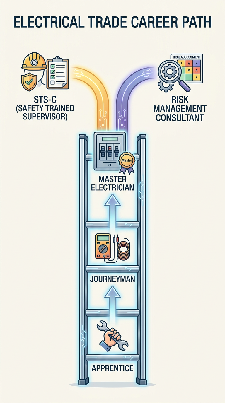 Electrical career ladder from Apprentice to Safety Director, highlighting key certifications like OSHA 30 and STS-C