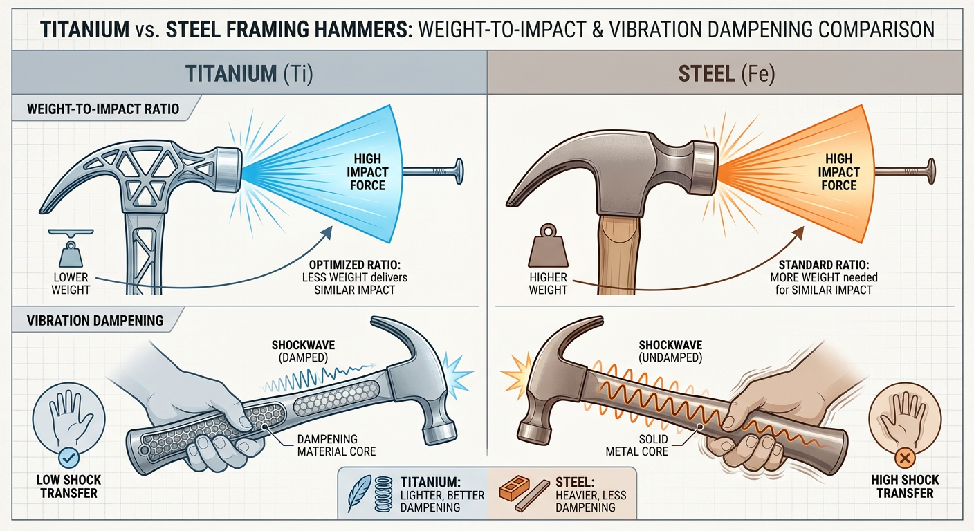 Comparison chart of Titanium vs. Steel framing hammers showing weight-to-impact ratio and vibration dampening
