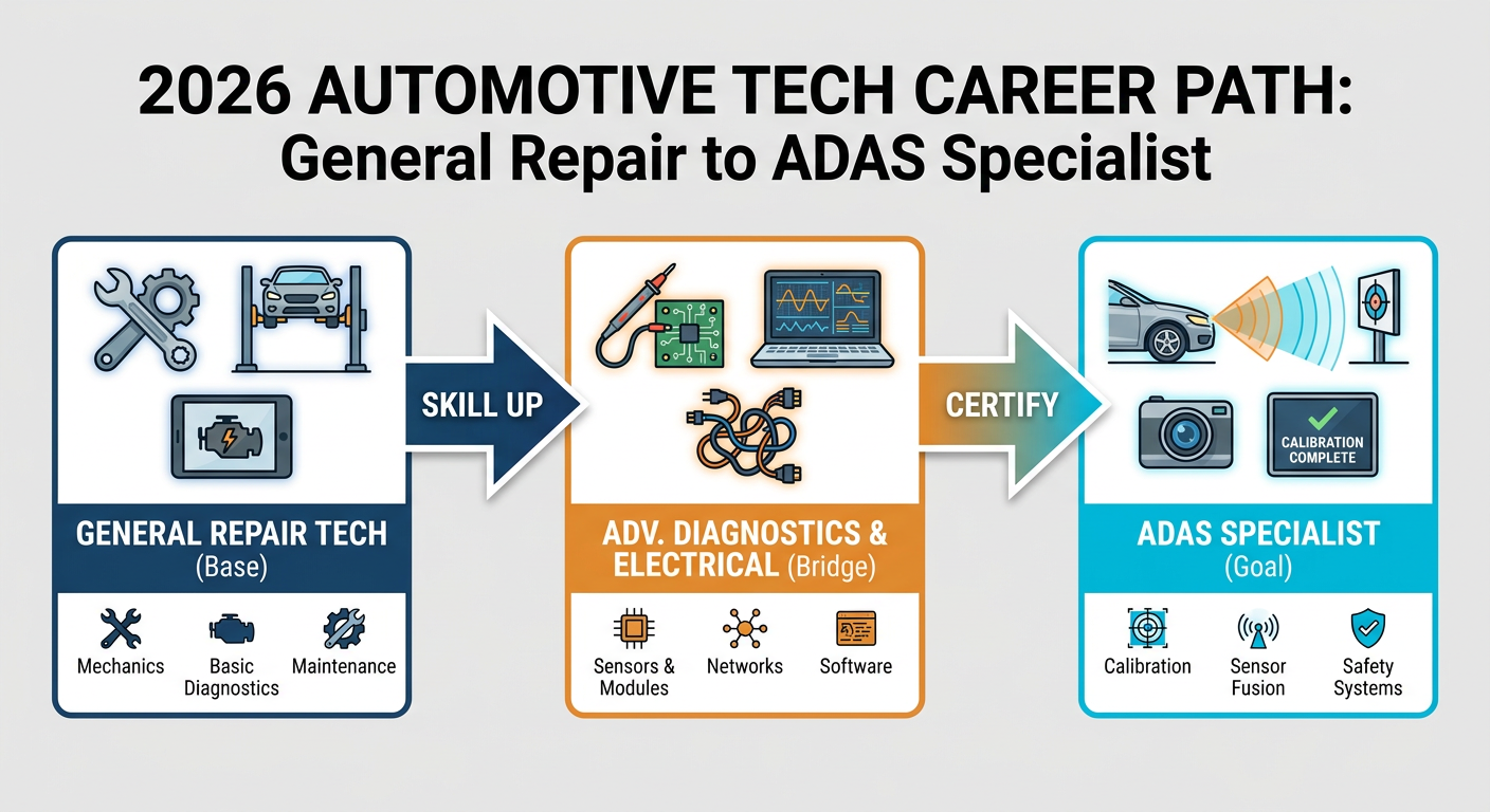 A flowchart showing the 2026 Automotive Tech Career Path from General Repair to ADAS Specialist