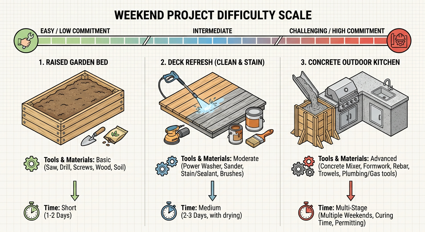Weekend Project Difficulty Scale: Comparing a Garden Bed, a Deck Refresh, and a Concrete Outdoor Kitchen
