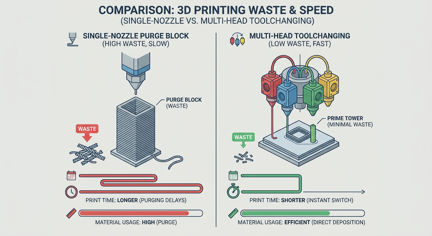 Comparison between Single-Nozzle Filament Swapping vs. Multi-Head Toolchanging