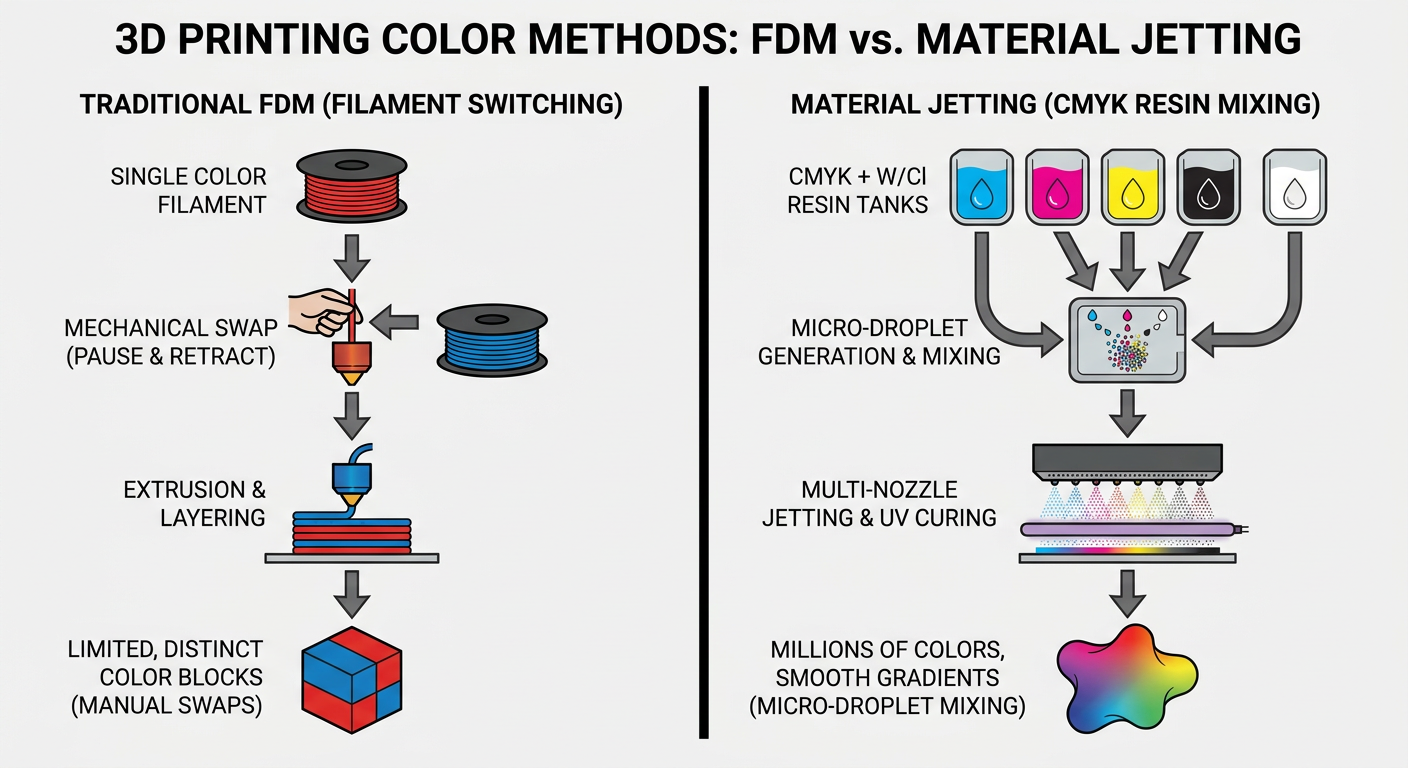 Comparison of traditional FDM filament switching vs. Material Jetting color blending