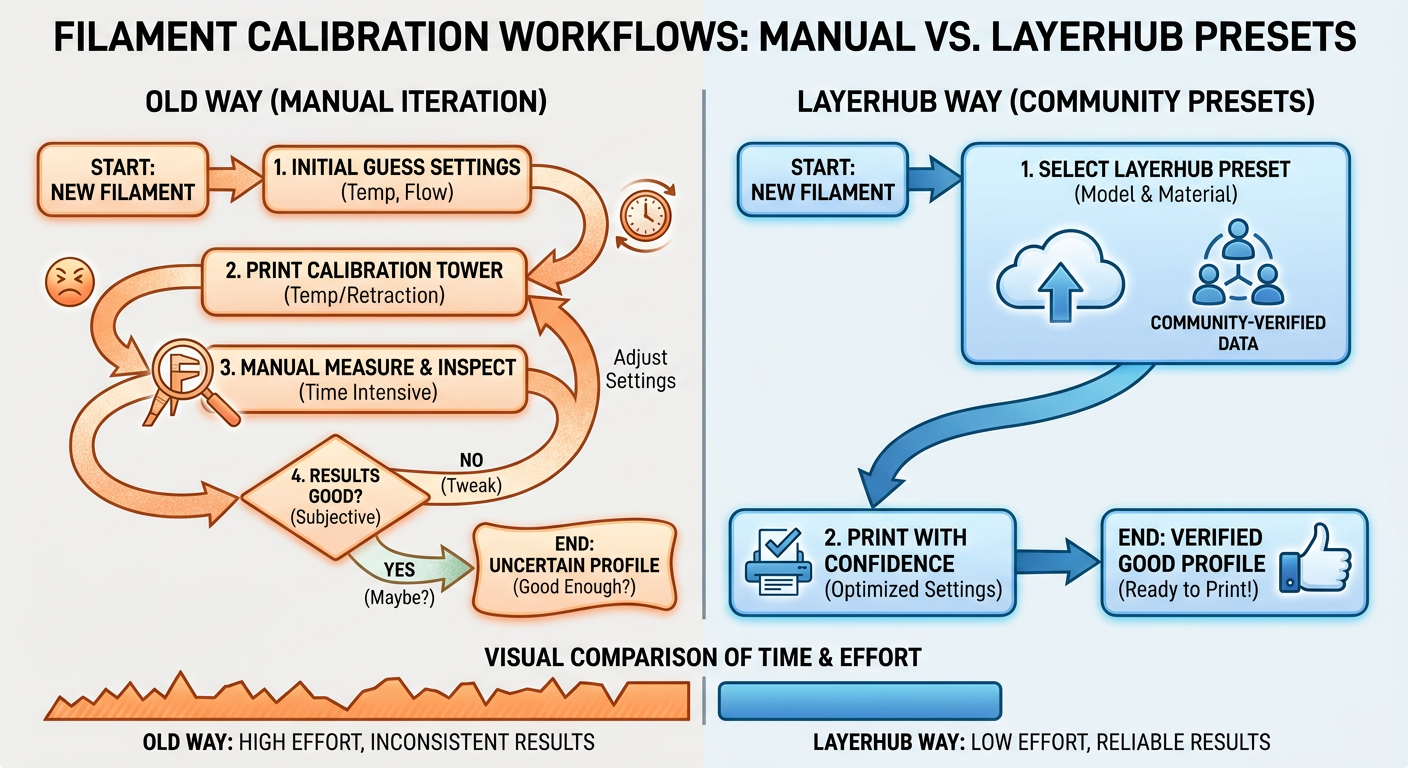 A workflow chart showing the 'Old Way' of manual filament calibration versus the 'LayerHub Way' using community-verified presets
