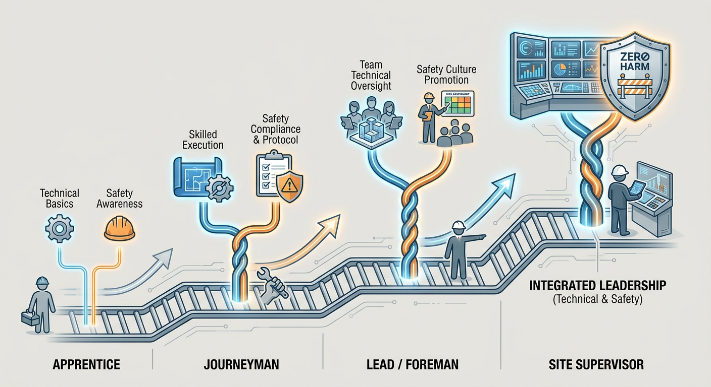 Career progression path from apprentice to site supervisor highlighting the integration of technical skills and safety leadership