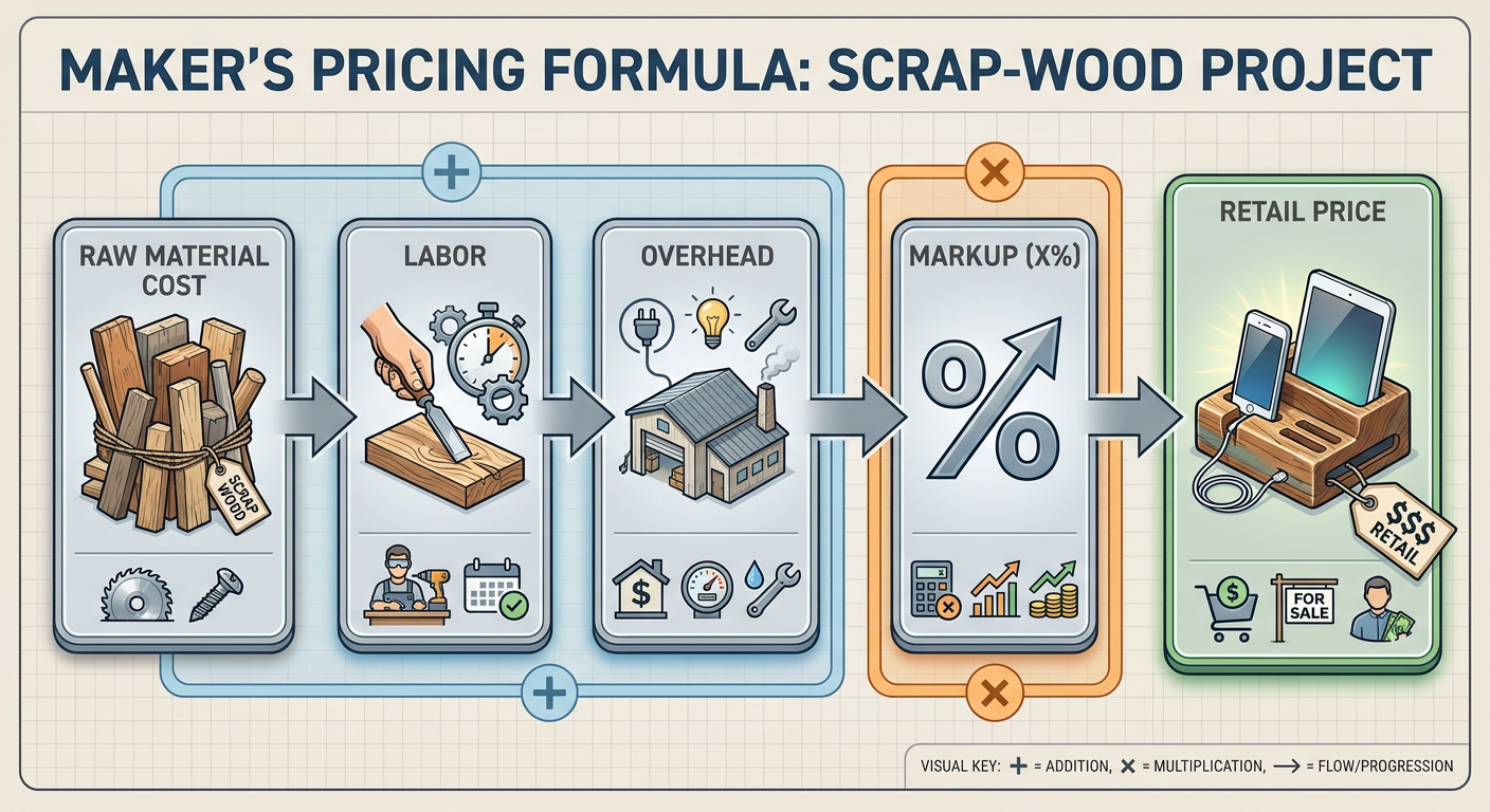 A pricing formula visualization showing: Raw Material Cost + Labor + Overhead x Markup = Retail Price, specifically for a scrap-wood project