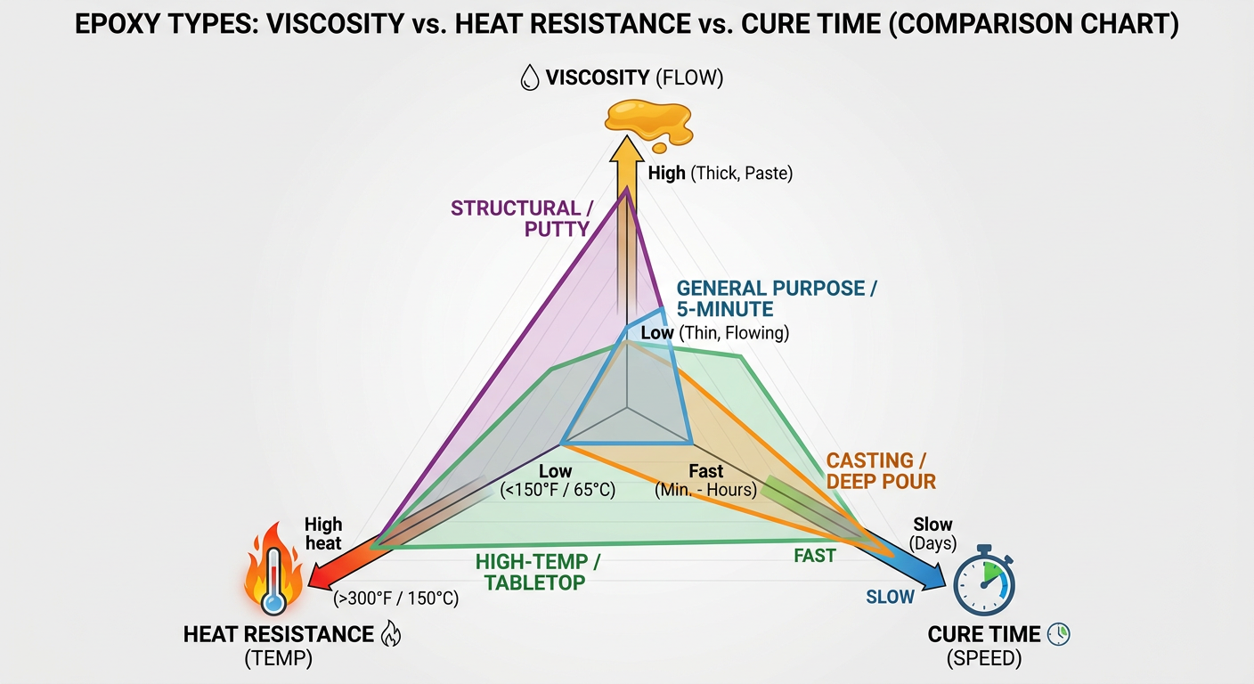 A comparison chart of Epoxy types: Viscosity vs. Heat Resistance vs. Cure Time