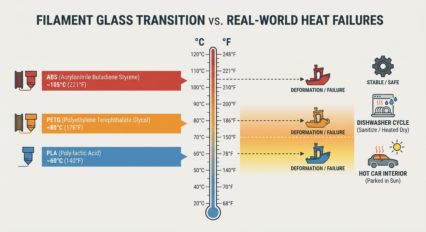 Comparison chart showing Glass Transition Temperatures of common filaments vs. real-world heat scenarios like a sunny car dashboard or a dishwasher