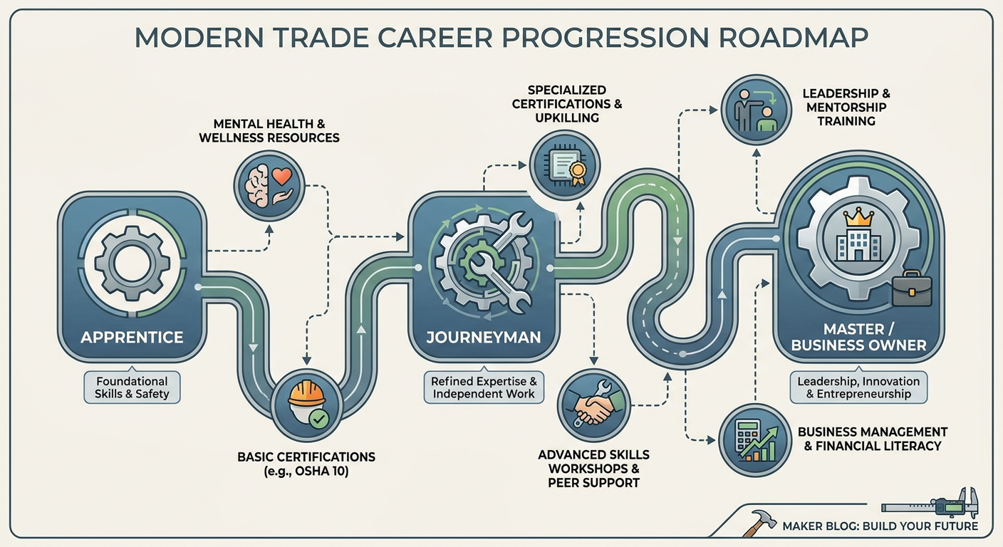 Roadmap of modern trade career progression from apprentice to business owner, highlighting new support systems