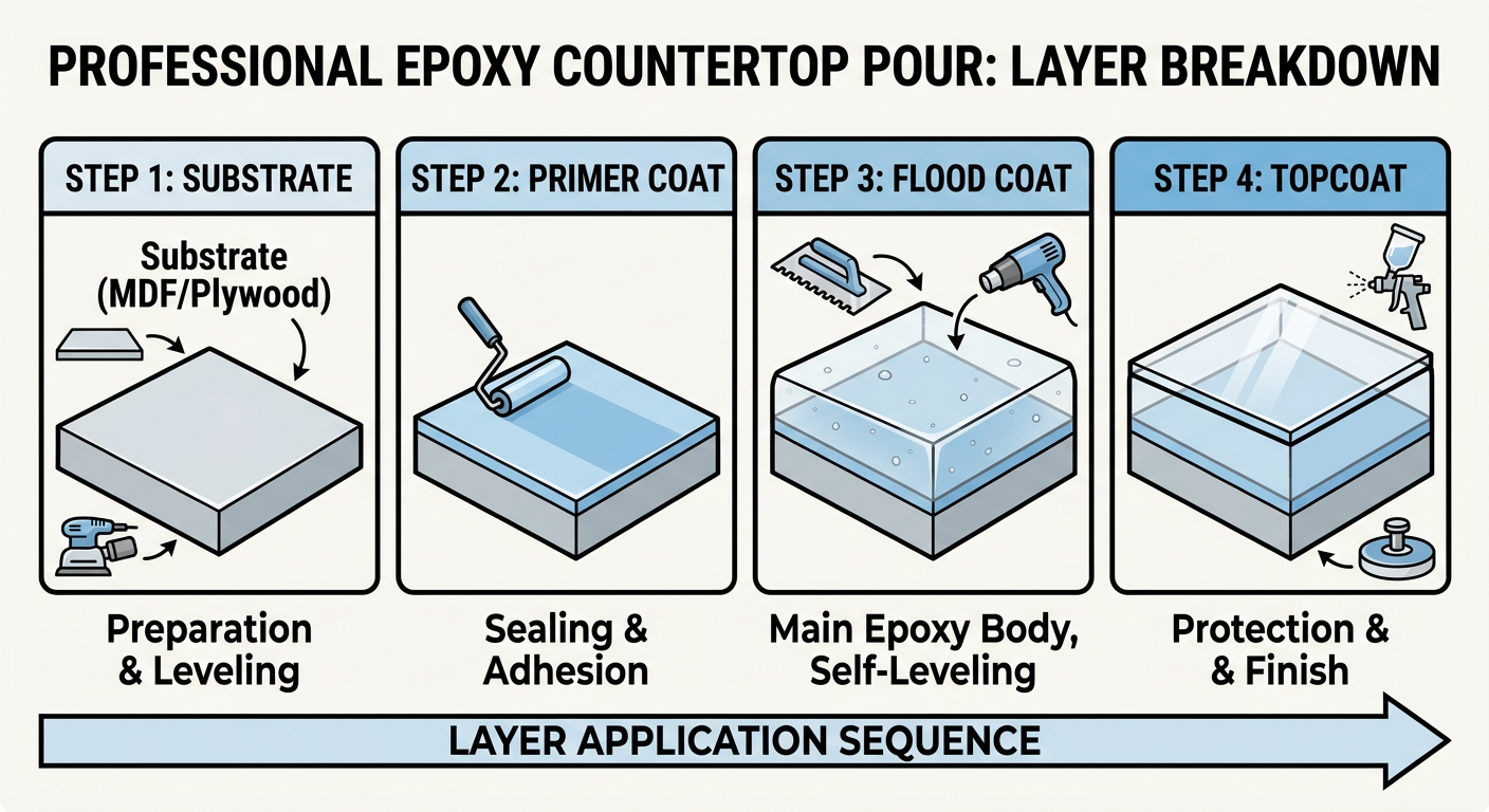 Step-by-step breakdown of a successful epoxy countertop pour layers
