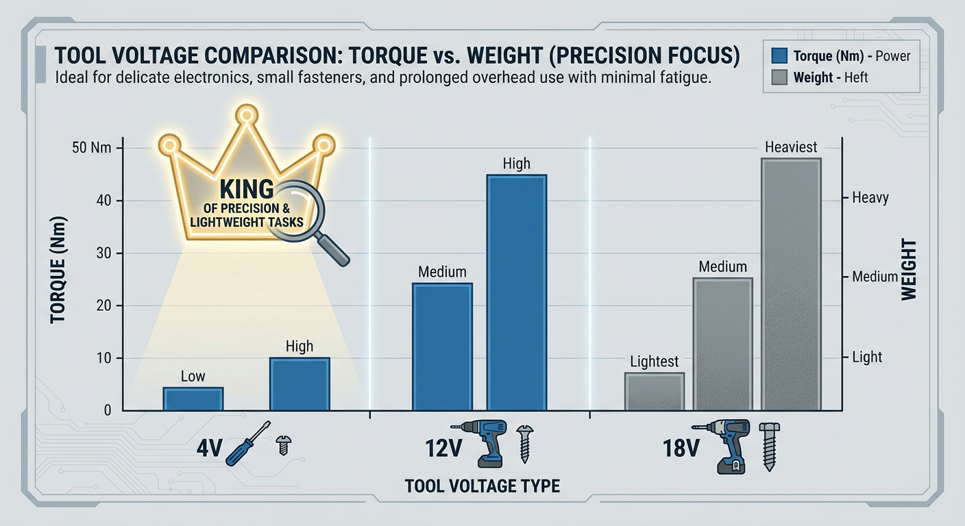 Comparison of 4V vs 12V vs 18V tool applications and torque ranges