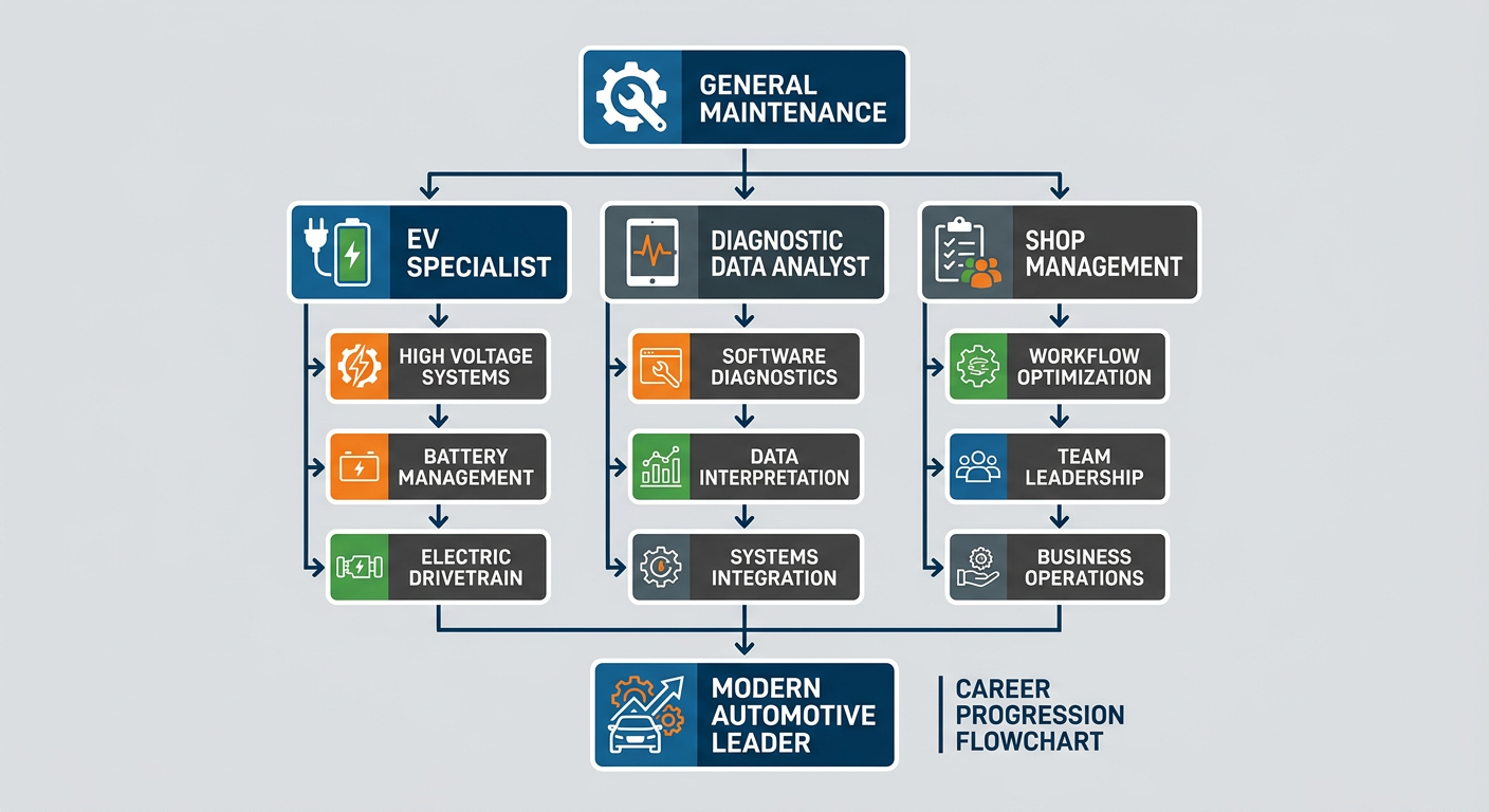 The modern automotive technician career ladder showing specialized branches for EV and Data Analysis