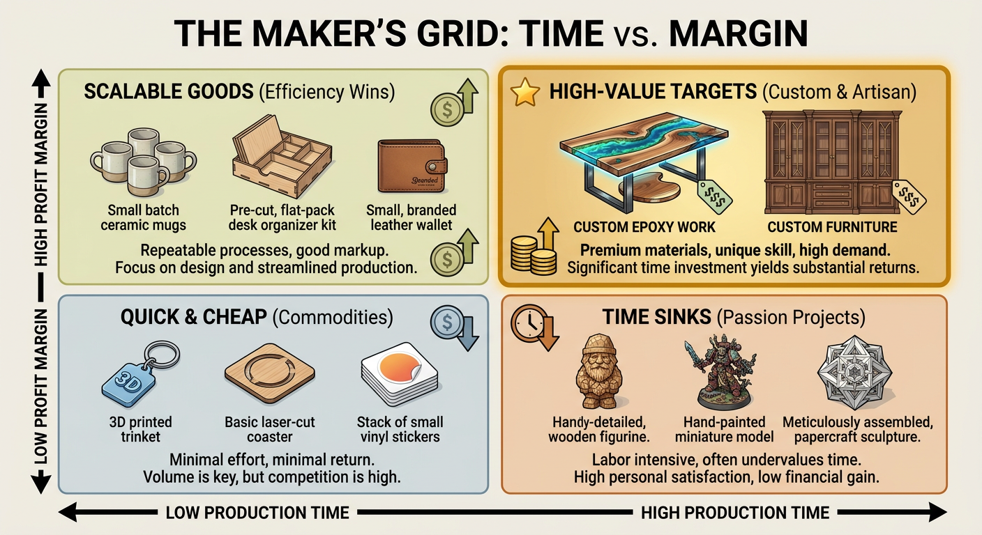 Profitability matrix for maker businesses: Production time vs. Market value