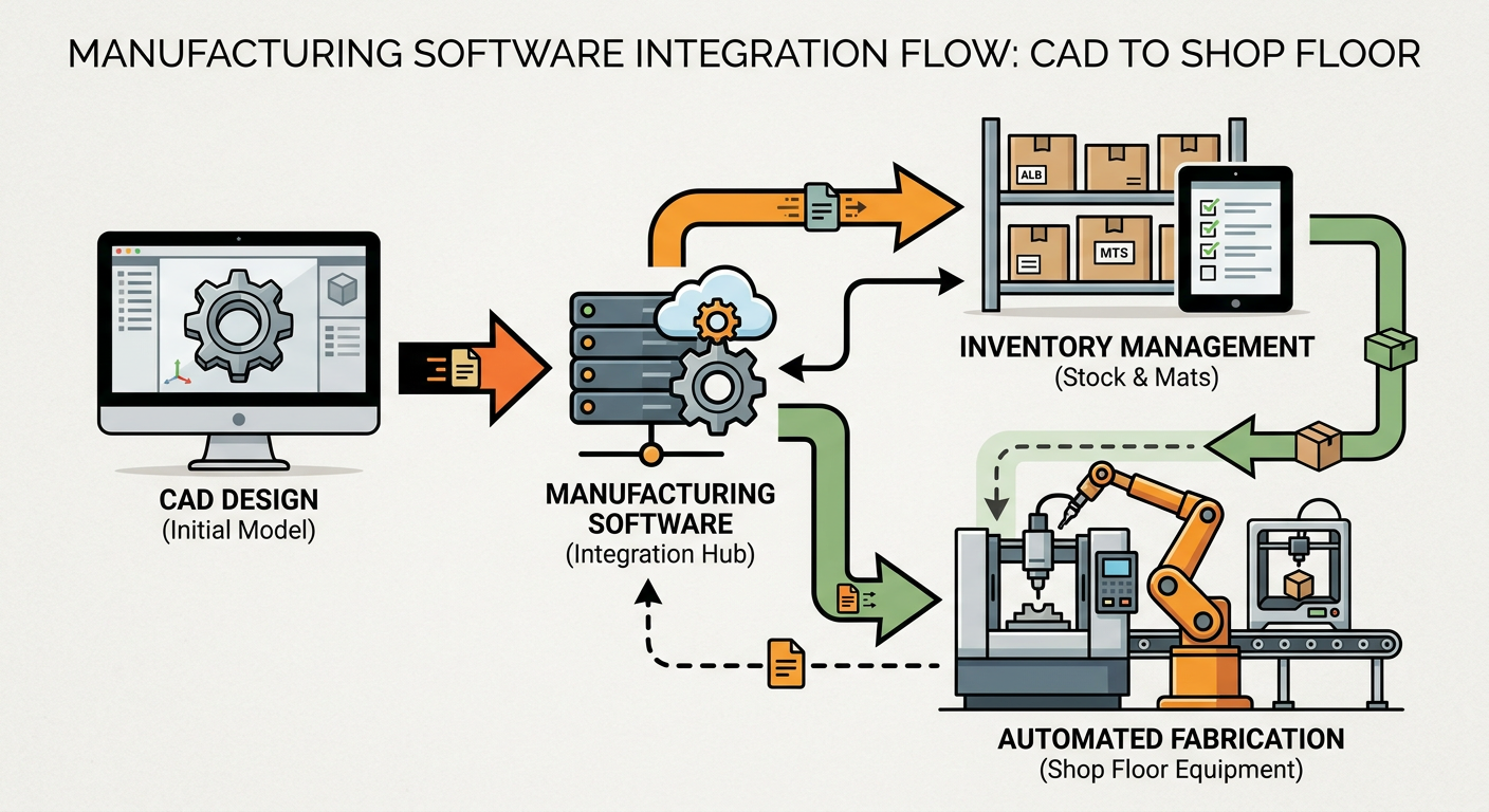 Flowchart showing how Manufacturing Software connects Design, Inventory, and Fabrication stages