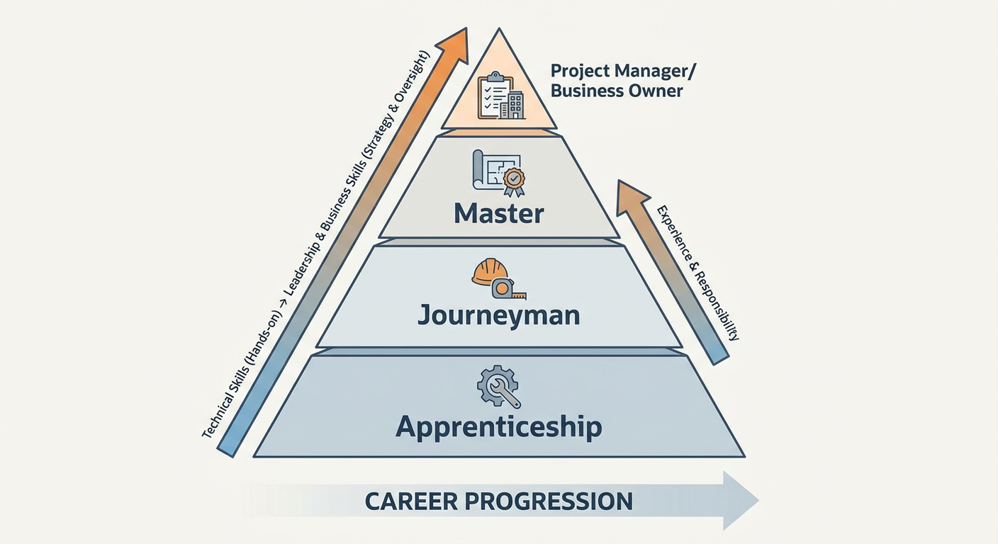 Career ladder showing progression from Apprentice to Journeyman to Site Supervisor/Business Owner