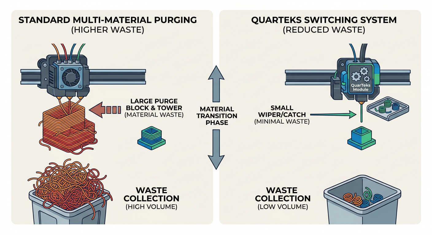 Comparison of standard multi-material purging vs. the QuarTeks switching system showing reduced material waste