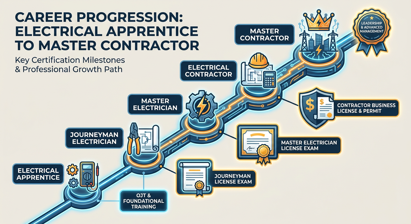 Career progression path from Electrical Apprentice to Master Contractor, highlighting key certification milestones