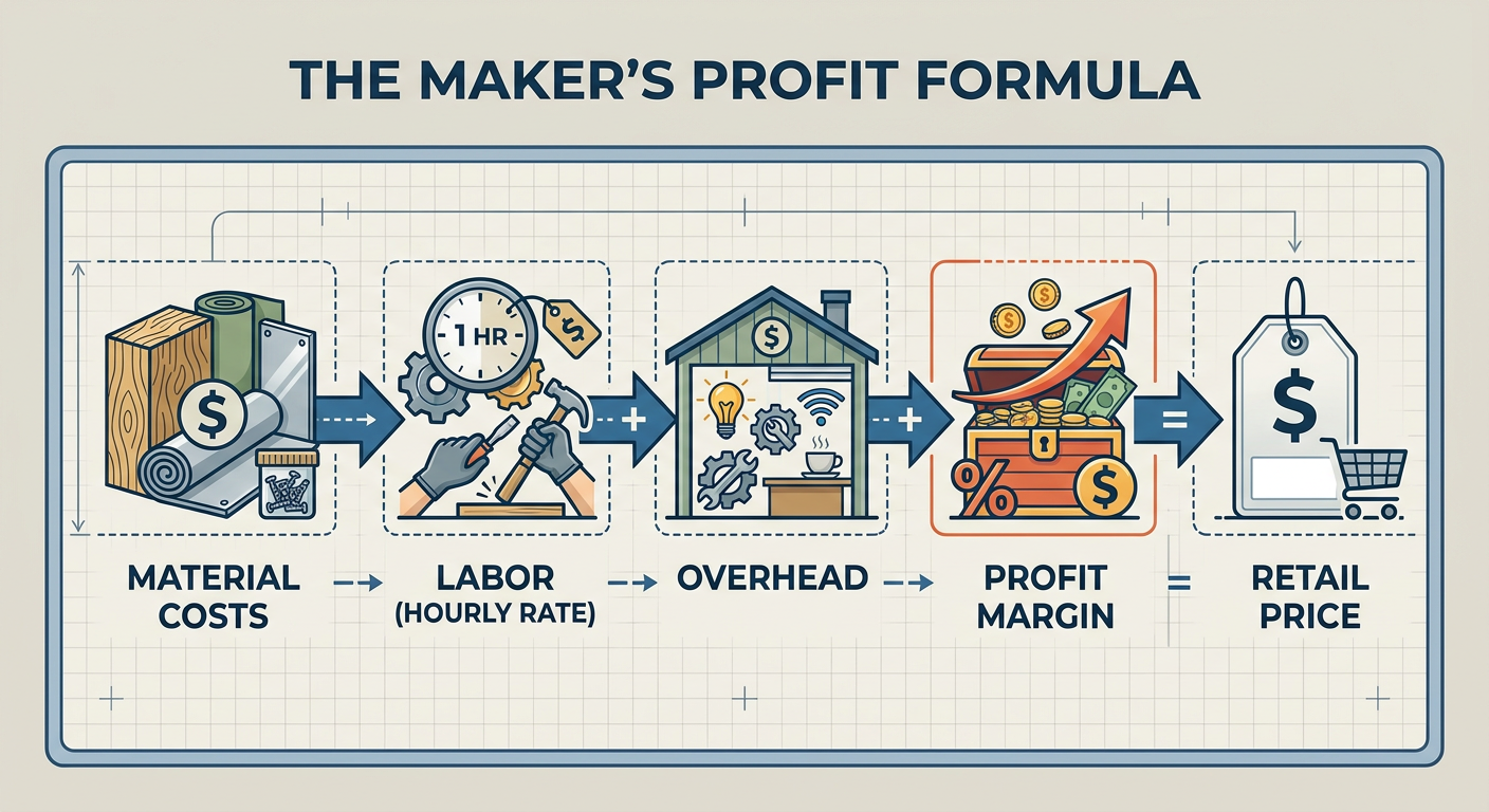 The Maker's Profit Formula: Material Costs + Labor (Hourly Rate) + Overhead + Profit Margin = Retail Price