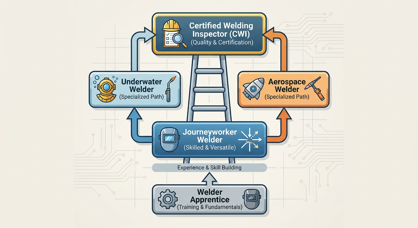 Career progression path from Apprentice Welder to Certified Welding Inspector (CWI) and Specialized Robotic Technician