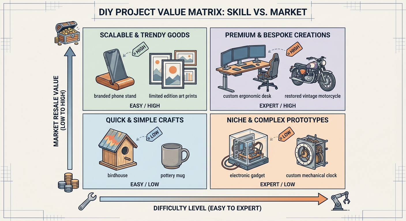 A matrix comparing weekend project ideas by difficulty level versus potential resale value