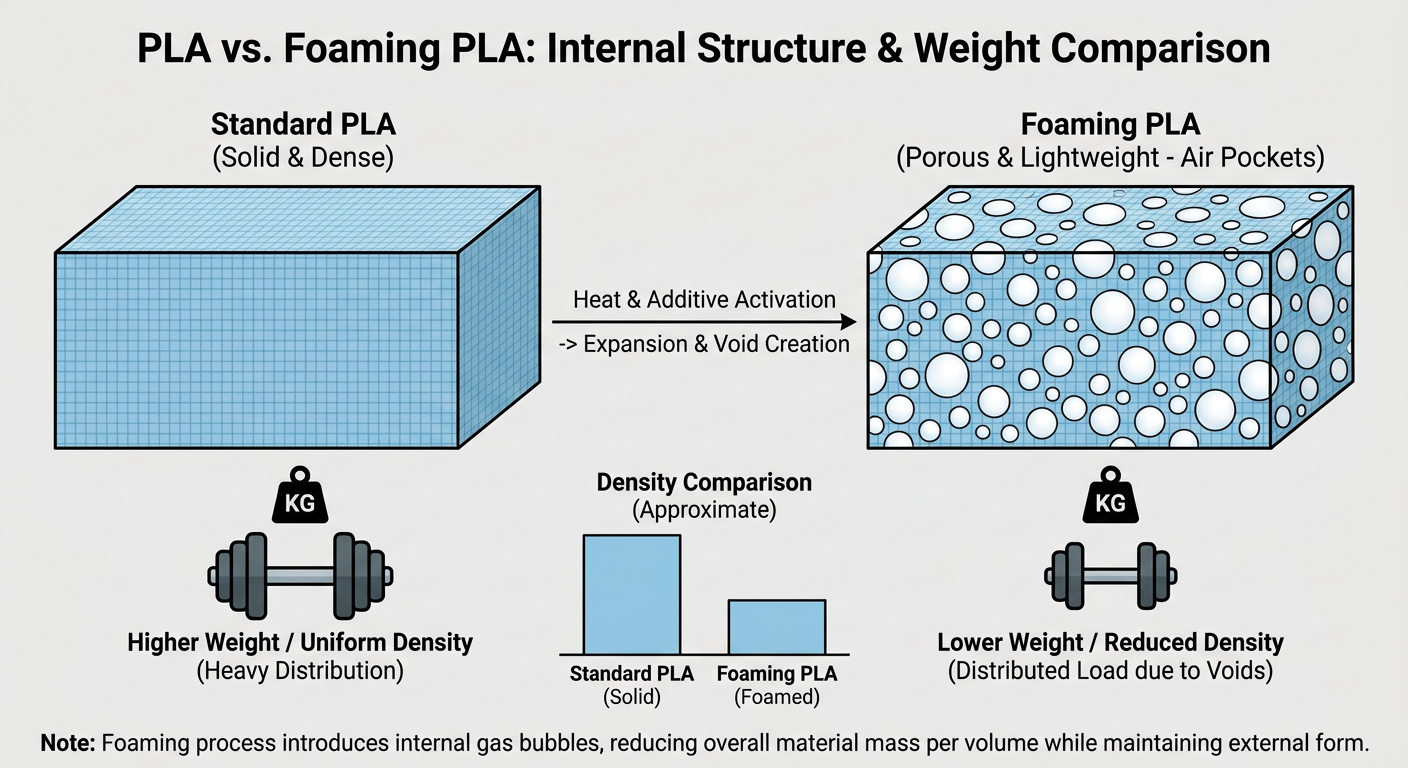 Comparison of standard PLA vs. Foaming PLA internal structure and weight distribution