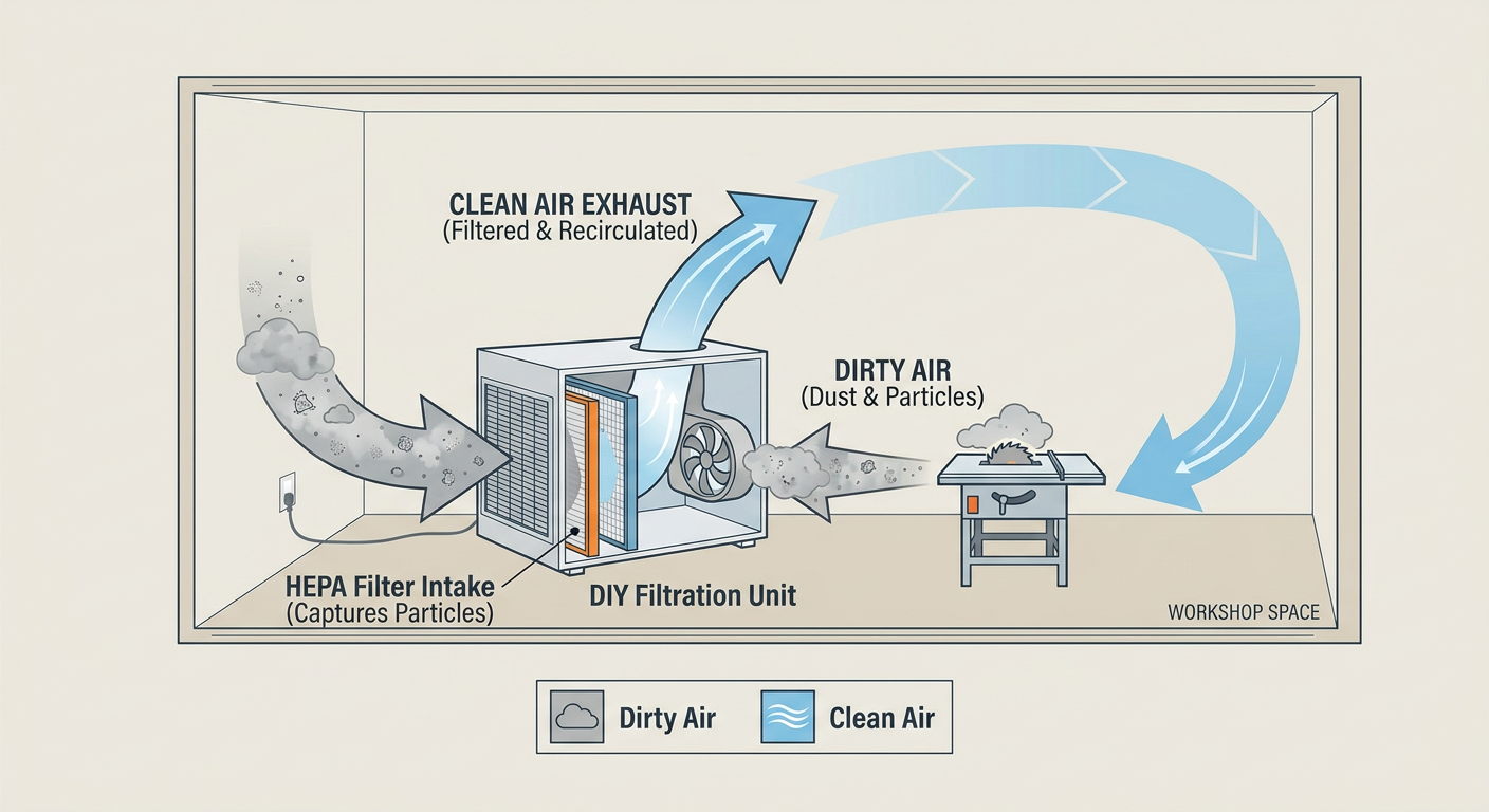 Airflow pattern for an efficient DIY workshop filtration system