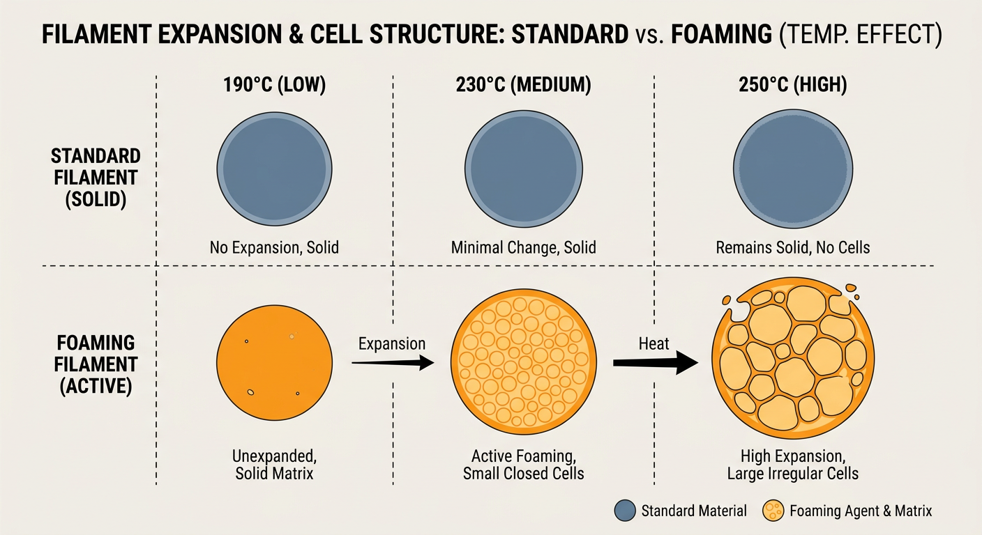 Comparison of standard vs. foaming filament expansion at different temperatures