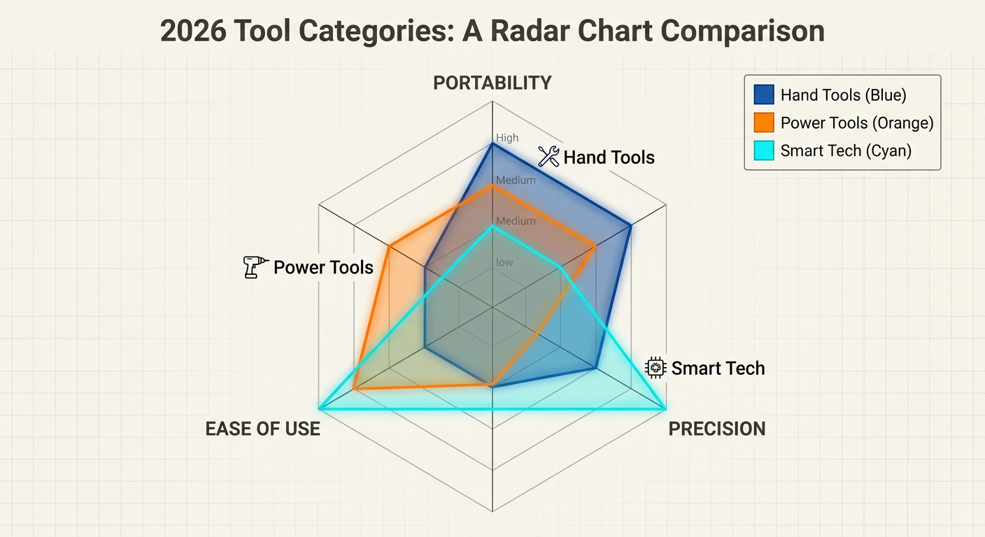 2026 Tool Categories - A radar chart comparing Power Tools, Hand Tools, and Smart Tech on axes of Portability, Precision, and Ease of Use
