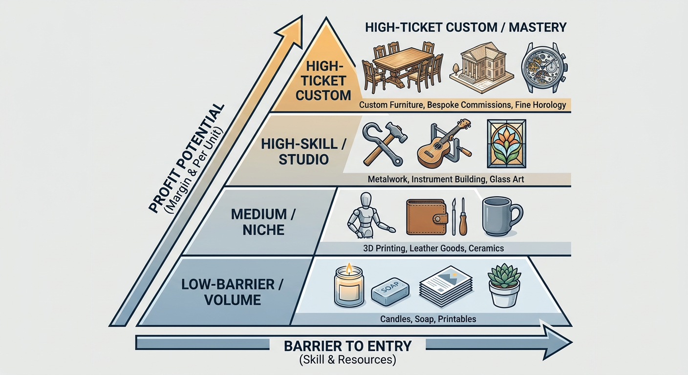 The Maker Profitability Pyramid - Showing low-barrier crafts like candles at the base and high-ticket custom woodworking at the peak