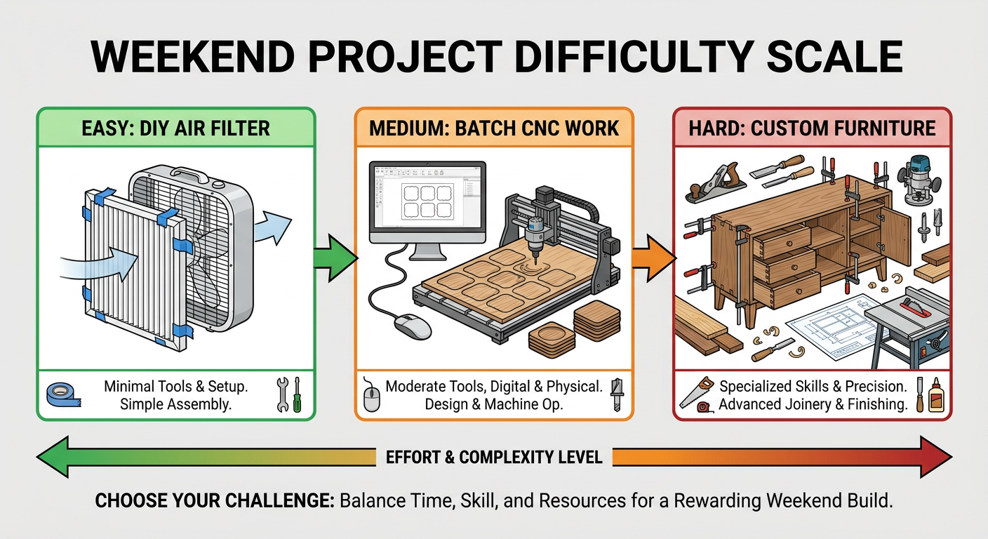 Weekend Project Difficulty Scale - Comparing a DIY Air Filter (Easy), Batch CNC work (Medium), and Custom Furniture (Hard)