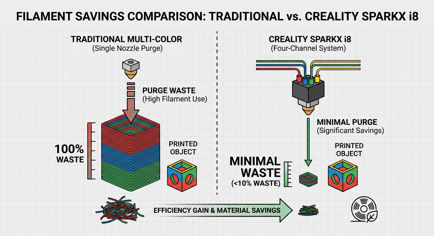 Comparison of traditional multi-color purge waste vs. the Creality SparkX i8 four-channel system