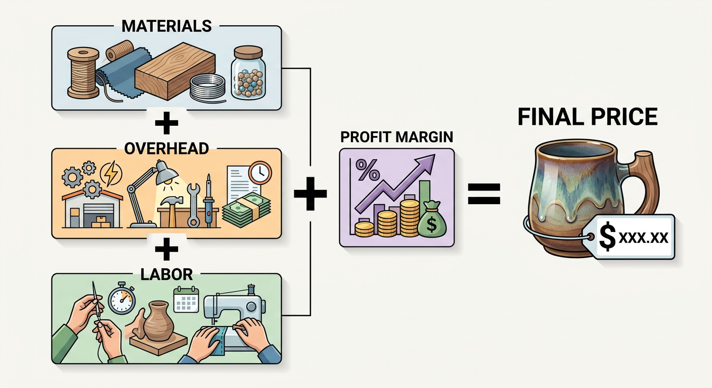 Pricing formula for handmade ceramics: Material Cost + Kiln Time + Labor + Brand Premium = Retail Price