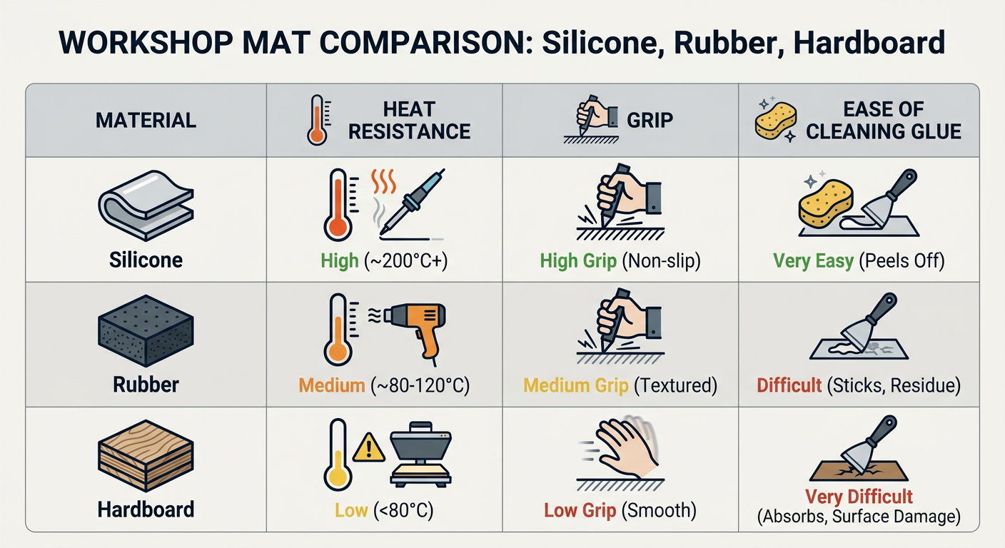 Comparison of workshop mat materials: Silicone vs. Rubber vs. Hardboard