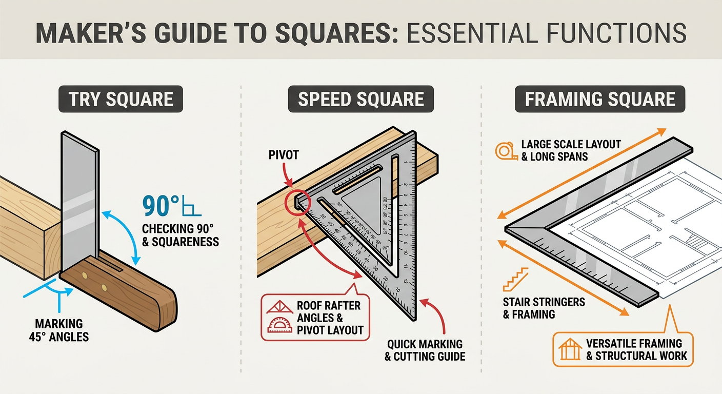Common types of woodworking squares and their specific uses