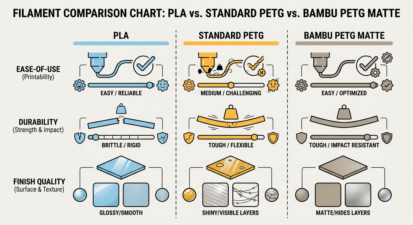 Comparison chart of PLA vs. Standard PETG vs. Bambu PETG Matte across ease-of-use, durability, and finish quality