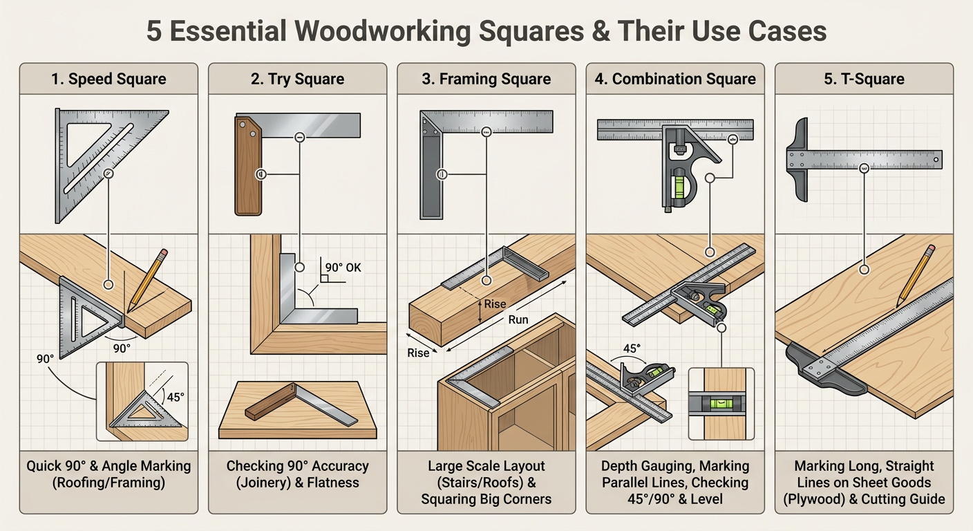 The 5 Essential Woodworking Squares and their specific use cases