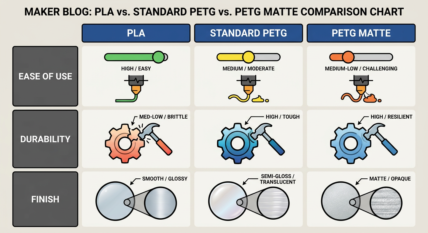 Comparison chart showing PLA vs. Standard PETG vs. PETG Matte across ease of use, durability, and finish