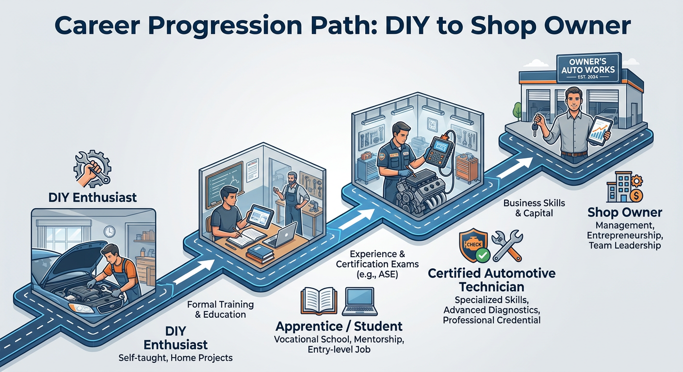 Career progression path from DIY Enthusiast to Certified Automotive Technician and Shop Owner