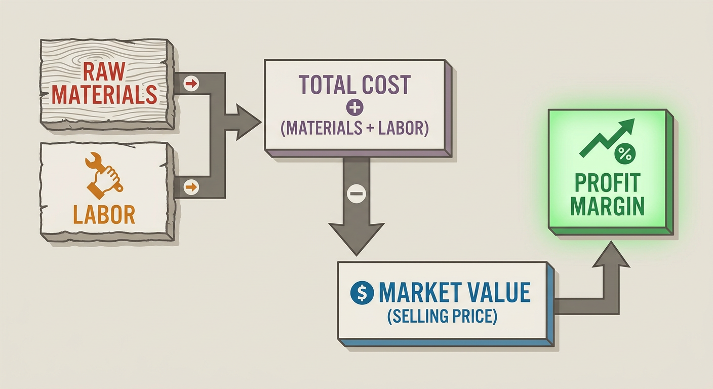 Profit margin formula: Raw Materials vs. Labor vs. Market Value for Woodworking Projects