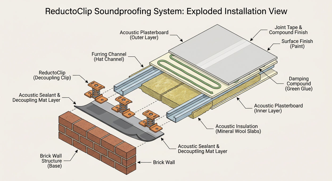 Exploded view of a ReductoClip soundproofing installation on a brick wall