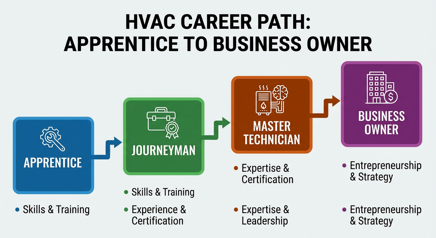 The four-step career progression from Apprentice to Master Technician in HVACR